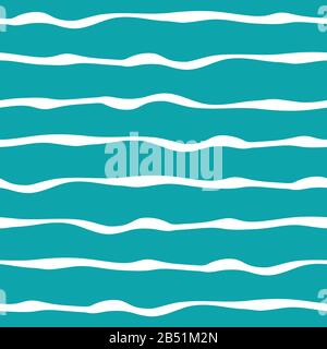 Wellenlinie nahtloser Vektor-Muster Hintergrund. Lineare geometrische Ozeanwellen weiß-blaue Kulisse. Handgezeichnete, unregelmäßige Darstellung des Pinselstrichs Stock Vektor