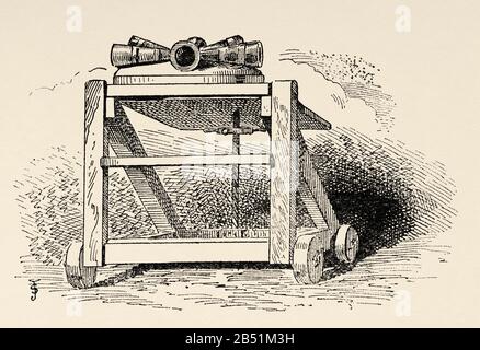 Kriegswaffe der Artillerie. Infernale Maschine oder Organkanone. Es war eine Kanone des späten Mittelalters. Bestehend aus mehreren kleinen Eisenkanonen Stockfoto