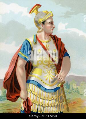 Altes Farblithografie-Porträt. Pompey, Cneo Pompeyo oder Cneo Pompeyo Magno, Gnaeus Pompeius Magnus. Bekannt als Pompeius der Große oder Pompeius der Triunviro, Stockfoto