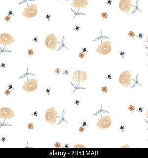 Nahtlose Blumenmuster mit Pflanzen und Blumen. Vektor weißer Hintergrund. Stock Vektor