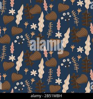 Natur nahtloses Muster mit Pflanzen und Blumen. Vektor grün blau heller Hintergrund. Stock Vektor