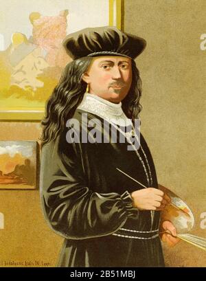 Altes Farblithografie-Porträt. Rembrandt Harmenszoon van Rijn (Leiden 1606- Amsterdam 1669), bekannt als Rembrandt, war ein niederländischer Maler und Graveur. Ein Stockfoto
