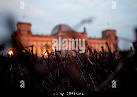 Berlin, Deutschland. März 2020. Das Reichstaggebäude scheint angesichts der Abendsonne hinter einer Hecke. Credit: Christoph Soeder / dpa / Alamy Live News Stockfoto