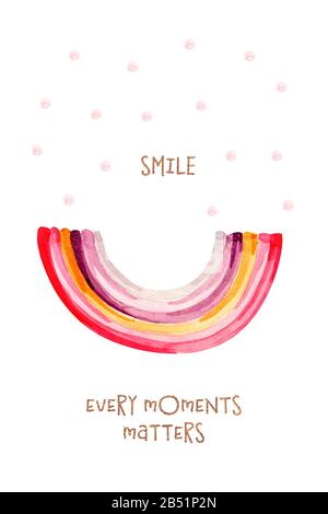 Rainbow Smile, motivierende Quote Card. Aquarell-Grußkarte für Kinderzimmer. Aquarellurlaub Stockfoto
