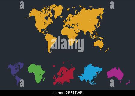 Infografiken Weltkontinente Karte, Amerika, Europa, Afrika, Asien, Australien, orangefarbener Zeiger, dunkler Hintergrund leer Stockfoto