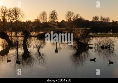 Starke Regenfälle überschwemmen den Fluss Cherwell und machen einen Pub-Garten in Oxford unzugänglich Stockfoto