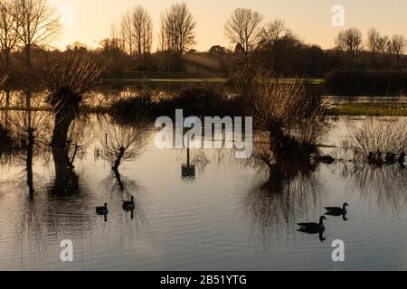 Starke Regenfälle überschwemmen den Fluss Cherwell und machen einen Pub-Garten in Oxford unzugänglich Stockfoto