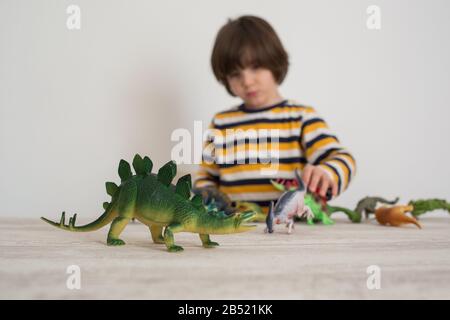 Kind zu Hause, das mit Dinosauriern spielt. Differentieller Fokus weißer Hintergrund. Kindheitskonzept. Stockfoto