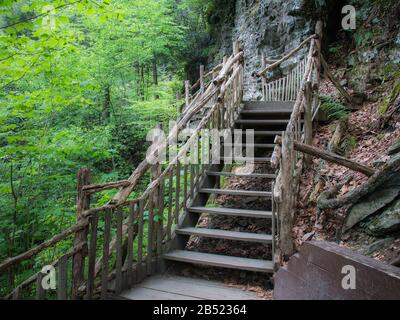 Holztreppe und Geländer an den Bushkill Falls in den Pocono Mountains im Osten von Pennsylvania Stockfoto