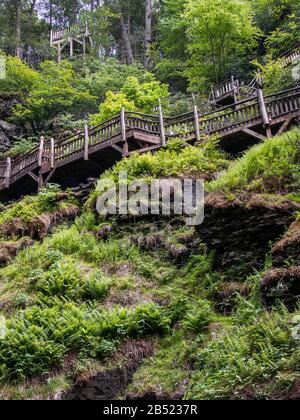 Holztreppe und Geländer an den Bushkill Falls in den Pocono Mountains im Osten von Pennsylvania Stockfoto