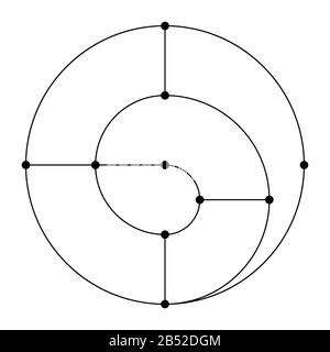 Abstraktes geometrisches Symbol, isoliert auf weißem Hintergrund. Schwarze lineare Formen mit Punkten in den Gelenken. Lineares Logo. Schild für heilige Geometrie. Stock Vektor