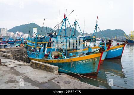 CAT Ba Island, Vietnam, 17. Oktober 2019. Traditionelle vietnamesische Fischerboote im Hafen. Fischer in Ruhe Stockfoto