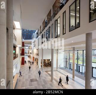 4-stöckiges Atrium und Zirkulationsraum "Wissenswanderung" am Haupteingang. Frankfurt School of Finance and Management, Frankfurt am Main, Deutschland. Stockfoto