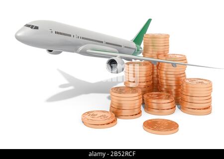 Flugzeug mit goldenen Münzen. Commercial Airplane Flying Concept, 3D-Rendering isoliert auf weißem Hintergrund Stockfoto