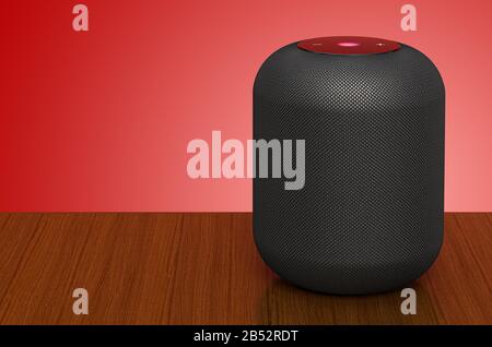 Smart Speaker auf dem Holztisch, 3D-Rendering Stockfoto