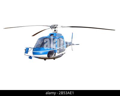 Blauer Hubschrauber mit verborgenem Fahrwerk Stockfoto