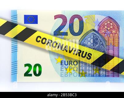 Coronavirus wirkt sich auf die Euro-Währung und die europäische Unioun Wirtschaft aus. Konzeptbild. Digitale Montage. Stockfoto