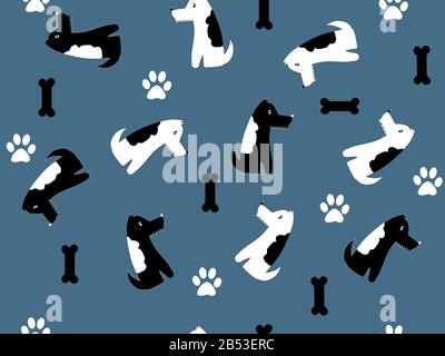 Nahtloses Muster mit Kindermotiv. Zwei sitzende Hunde in einem sich wiederholenden Muster mit Silhouetten von Knochen und Pflaumen auf dunkelblauem Hintergrund. Stockfoto