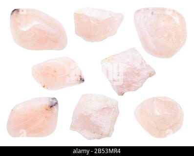 Satz verschiedener, auf weißem Grund isolierter Morganit-Schmucksteine (Vorobyevit, Pink Beryl) Stockfoto