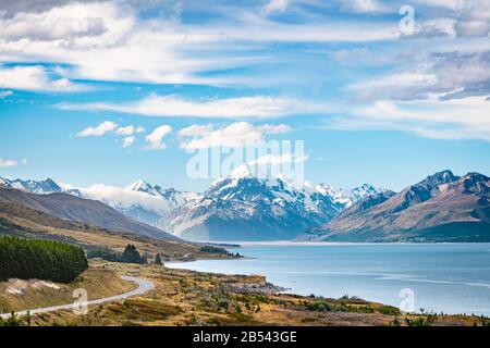 Mount Cook Panorama vom Lake Pukaki, Neuseeland Stockfoto