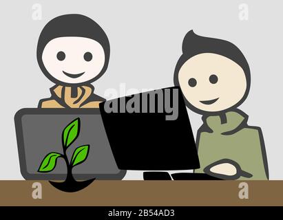 2 Young man pc Notebook Working Plant ecofriendly by jziprian Stock Vektor