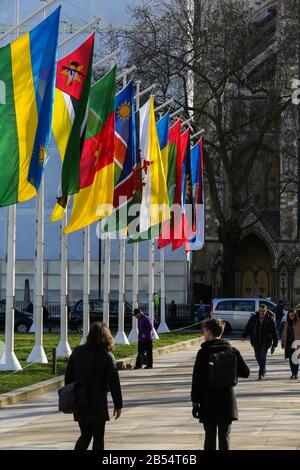 London, Großbritannien. März 2020. Die Flaggen der Commonwealth-Länder flattern am Londoner Parliament Square vor der Feier zum Commonwealth Day am Montag, den 9. März 2020. Kredit: Dinendra Haria/SOPA Images/ZUMA Wire/Alamy Live News Stockfoto
