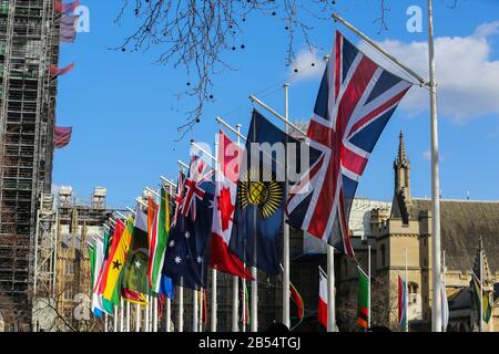 London, Großbritannien. März 2020. Die Flaggen der Commonwealth-Länder flattern am Londoner Parliament Square vor der Feier zum Commonwealth Day am Montag, den 9. März 2020. Kredit: Dinendra Haria/SOPA Images/ZUMA Wire/Alamy Live News Stockfoto