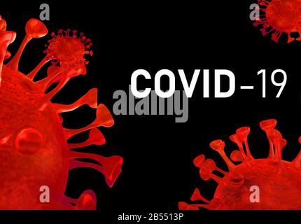 Abstraktes Virusstammmodell von CORONAVIRUS COVID. 3D Render VIRUS und die Aufschrift COVID-19. Stockfoto