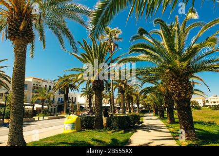 Touristische Straße mit Palmen entlang der Küste in der Altstadt von Rethymno, Griechenland Stockfoto