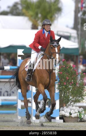 Beezie Madden (USA), Integrität, Winter Equestrian Festival, Wellington, Florida, März 2007, US Open Jumper Meisterschaft Stockfoto