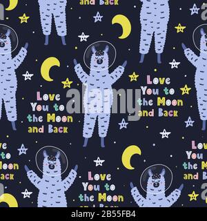 Ich liebe dich zum Mond und zurück nahtloses Muster mit niedlichem Lama Stock Vektor