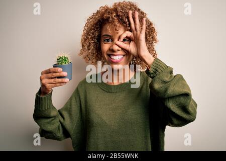 Junge afroamerikanische Curly Woman, die einen kleinen Kakteentopf über einem isolierten weißen Hintergrund hält, mit einem fröhlichen Gesicht, das lächelnd mit Hand-auf-Augen-Look ein gutes Zeichen macht Stockfoto