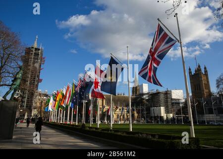 London, Großbritannien. März 2020. Die Flaggen der Commonwealth-Länder flattern am Londoner Parliament Square vor der Feier zum Commonwealth Day am Montag, den 9. März 2020. Credit: Sopa Images Limited/Alamy Live News Stockfoto