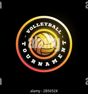 Kreisförmiges Vektorlogo für Volleyball. Modernes professionelles Typografie Sport Vektor-Emblem im Retro-Stil und Logotyp-Muster. Farbenfrohes Volleyballlogo Stock Vektor