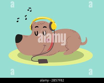 Abbildung: Ein Mascot mit Geschlossenen Augen, Das Ohrhörer trägt und Musiknotizen hört und sich Auf dem Oval Doormat Aufliegt Stockfoto