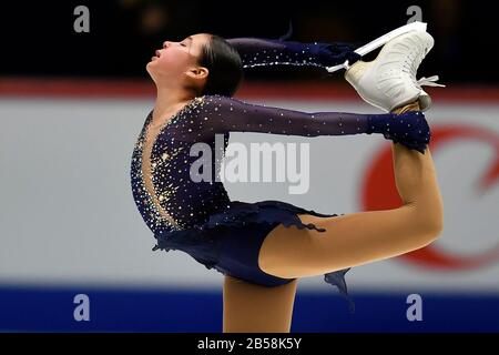 Tallinn, Estland. März 2020. Alysa Liu aus den Vereinigten Staaten tritt beim Freilauf der Damen bei den ISU World Junior Figure Skating Championats in Tallinn, Estland, 7. März 2020 auf. Kredit: Sergei Stepanov/Xinhua/Alamy Live News Stockfoto