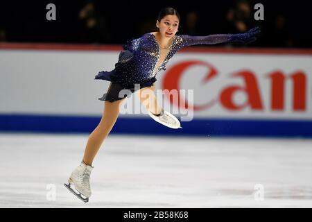 Tallinn, Estland. März 2020. Alysa Liu aus den Vereinigten Staaten tritt beim Freilauf der Damen bei den ISU World Junior Figure Skating Championats in Tallinn, Estland, 7. März 2020 auf. Kredit: Sergei Stepanov/Xinhua/Alamy Live News Stockfoto