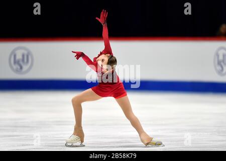 Tallinn, Estland. März 2020. Daria Usacheva aus Russland tritt beim Freiskating der Damen bei den ISU World Junior Figure Skating Championats in Tallinn, Estland, 7. März 2020 auf. Kredit: Sergei Stepanov/Xinhua/Alamy Live News Stockfoto