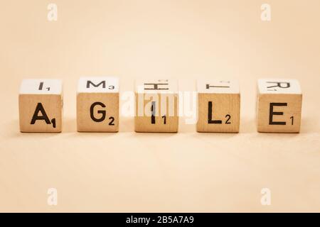 Nahaufnahme von Word Agile auf Holzblöcken, Hintergrundkonzept Stockfoto