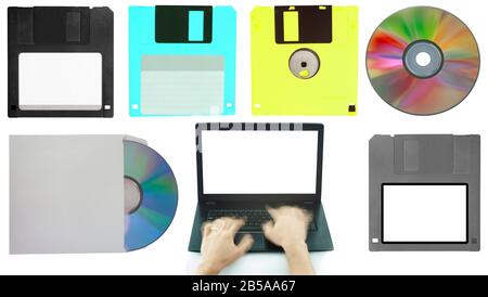 Satz von Vintage-Diskette und cd für Computer isoliert auf weiß Stockfoto