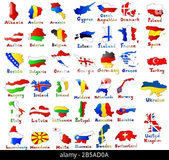 Set von Europakarten und Flaggen. Handgezeichnete Abbildung Stockfoto