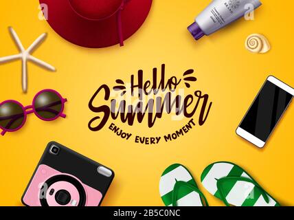 Hello Summer Vector Banner Vorlage. Hallo Sommertext mit Strandreiseelementen wie Kamera, Hut, Handy, Sonnenschirm, Sonnenbrille und Flip-Flop. Stock Vektor