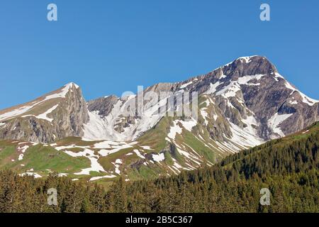 Blick auf das Schwarzhorn-Massiv von Alpiglen im Reichenbachtal, Oberhasli, Schweiz Stockfoto