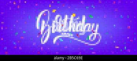 Geburtstags-Banner-Vektordesign. Weihnachtshintergrund mit bunten Partikeln und Geburtstags-Schriftzug Stock Vektor