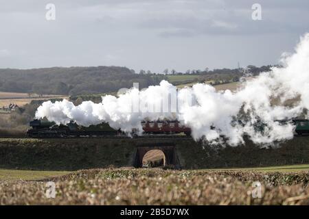 Der Flying Scotsman macht es auf dem Weg entlang der Watercress Line der Mid Hants Railway in der Nähe von Rotley in Hampshire. Stockfoto