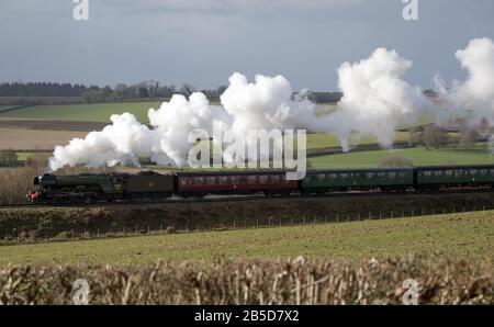 Der Flying Scotsman macht es auf dem Weg entlang der Watercress Line der Mid Hants Railway in der Nähe von Rotley in Hampshire. Stockfoto