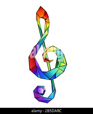 Polygonal, Regenbogen, heller Musikschlüssel auf weißem Hintergrund. Polygontattoo. Stock Vektor