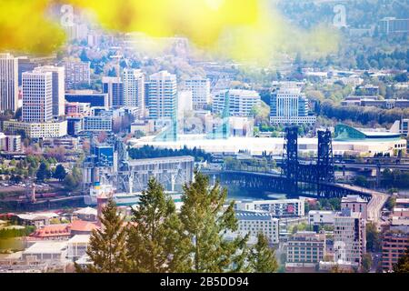 Blick auf die Steel Bridge von Hill in Portland, vom Macleay Park, Oregon, USA Stockfoto