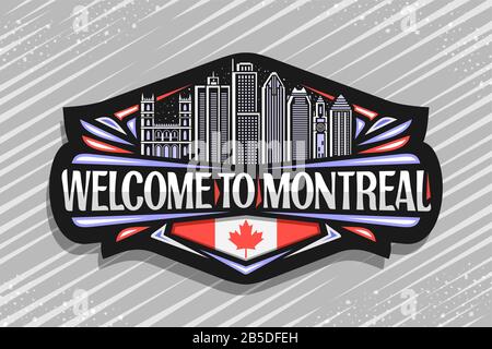 Vektorlogo für Montreal, schwarze dekorative Beschilderung mit Umrisse der berühmten stadtlandschaft von montreal am Abendhimmel, Kühlschrank Magnet Wi Stock Vektor
