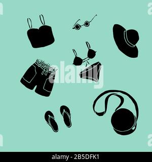 Sommerkleidung und Accessoires. Schwarze Silhouette auf Minzgrund. Cartoon-Doodle-Skizze kann in Karten, Postern, Flyern, Bannern, Logo, Kleidungsdesign, Mode, Textildrucken usw. verwendet werden. Vector Illustration EPS10 Stock Vektor